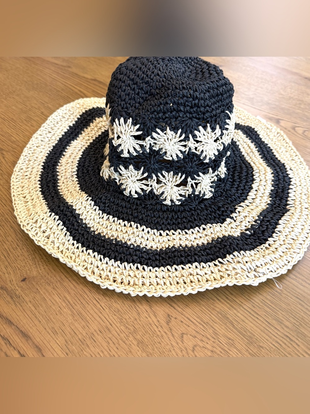 Four Buttons San Diego Hat Co Crochet Sun Hat Wide Brim Black Tan Striped NWT - Picture 14 of 14